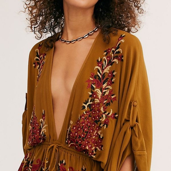 NWT Free People Pretty Pineapple Embroidered Dress S Brown Floral Boho V Neck - Picture 3 of 16